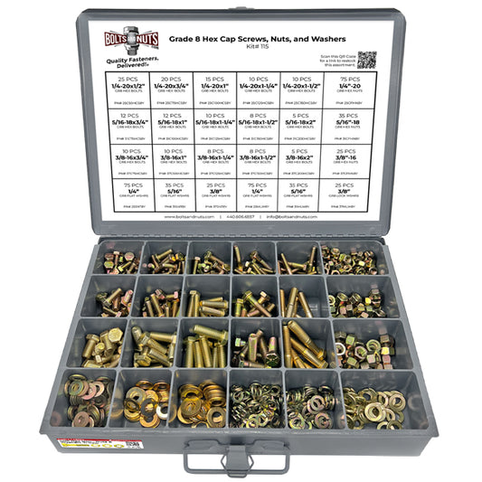 Inch Grade 8 Hex Cap Screws, Hex Nuts, Flat & Lock Washers 1/4", 5/16", & 3/8"- 574 PCS