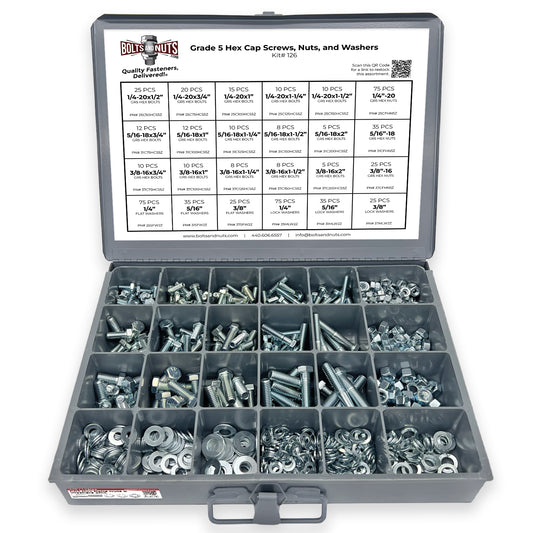 Inch Grade 5 Hex Cap Screws, Hex Nuts, Flat & Lock Washers - 574 PCS