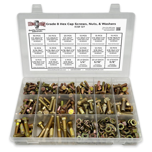 Inch Grade 8 Hex Cap Screws, Hex Nuts, Flat & Lock Washers - 380 PCS