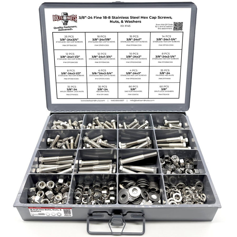 3/8"-24 Fine 18-8 Stainless Steel Hex Cap Screws, Nuts, & Washers - 378 PCS