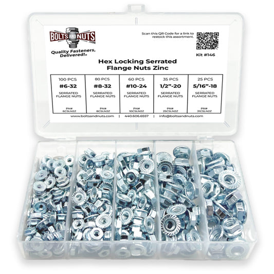 #6 #8 #10 1/4" 5/16" Coarse Case Hardened Serrated Hex Flange Nut Assortment - 301 PCS