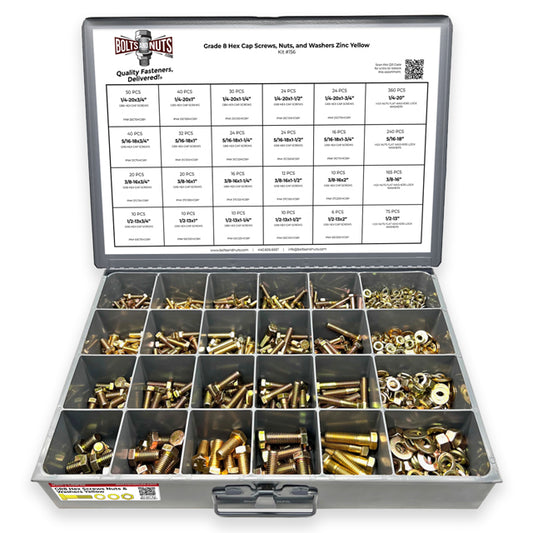 Inch Grade 8 Hex Cap Screws, Hex Nuts, Flat & Lock Washers Coarse Thread Zinc Yellow 1/4", 5/16" 3/8", & 1/2" - 1269 PCS