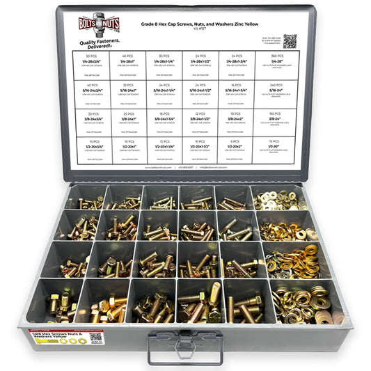 Inch Grade 8 Hex Cap Screws, Hex Nuts, Flat & Lock Washers Fine Thread Zinc Yellow 1/4", 5/16" 3/8", & 1/2" - 1269 PCS