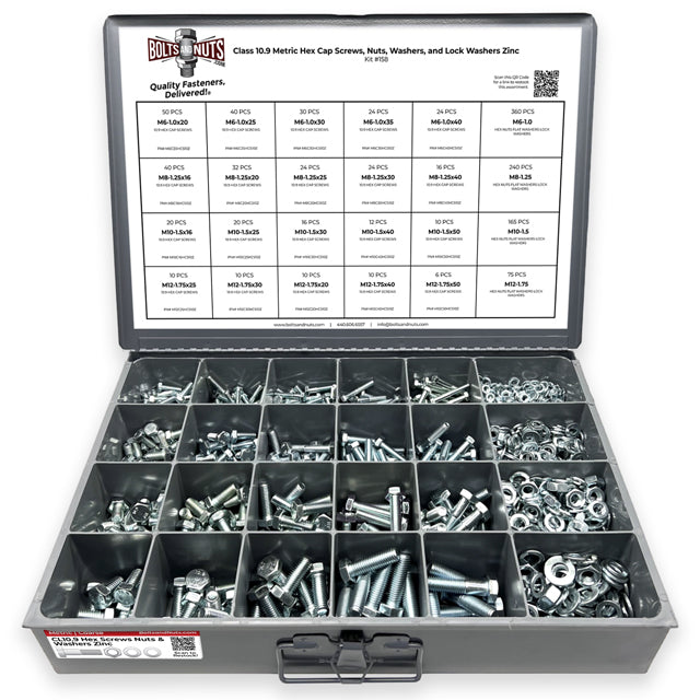 Metric Class 10.9 Hex Cap Screws, Hex Nuts, Flat & Lock Washers Coarse Thread Zinc Clear - 1269 PCS
