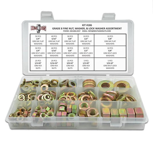 Inch Grade 8 Fine Hex Nut, Flat & Lock Washers Assortment - 351 Pcs