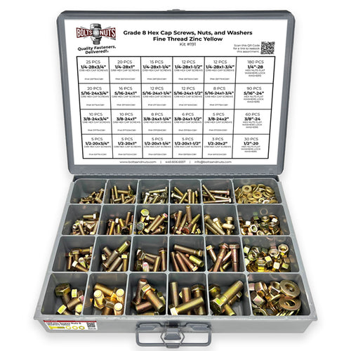 Inch Grade 8 Hex Cap Screws, Hex Nuts, Flat & Lock Washers Fine Thread Zinc Yellow 1/4", 5/16" 3/8", & 1/2" - 575 PCS