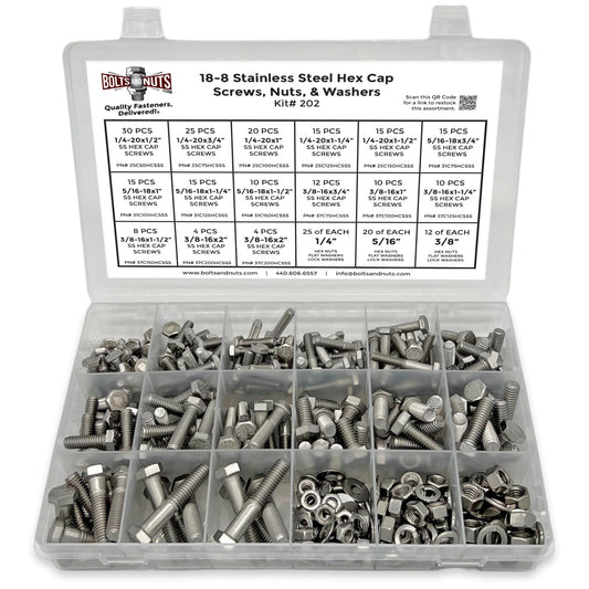 Inch 18-8 Stainless Steel Hex Cap Screws, Hex Nuts, Flat & Lock Washers - 380 PCS
