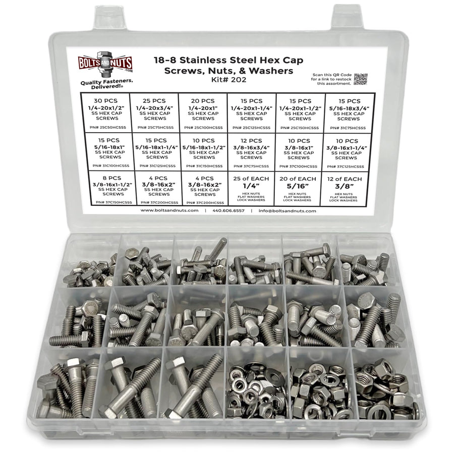 Inch 18-8 Stainless Steel Hex Cap Screws, Hex Nuts, Flat & Lock Washers - 380 PCS