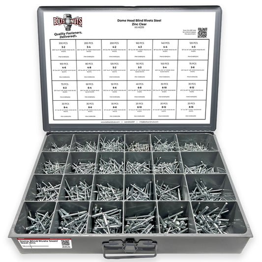 Dome Head Blind Pop Rivets Steel/Steel Mandrel Zinc Clear Assortment - 2036 PCS
