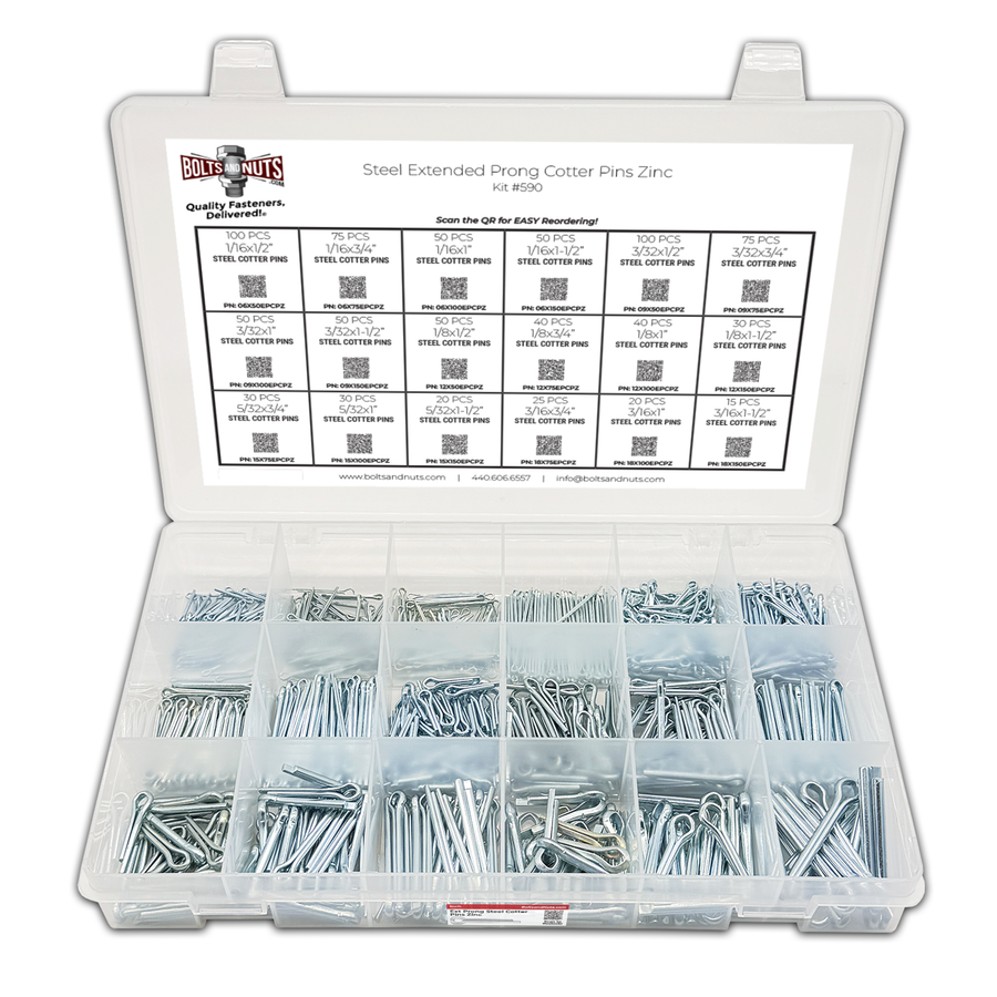 Assortment Kit #590 (851Pcs.) Steel Extended Prong Cotter Pins - Zinc Clear 1/16" 3/32" 1/8" 5/32" 3/16" w/ 18 Hole Plastic Bin