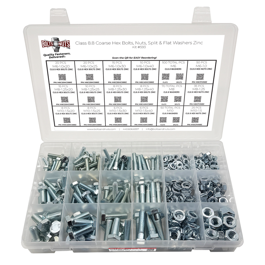 Assortment Kit #593 (465Pcs.) Metric Class 8.8 Hex Cap Screws Bolts Nuts Washers w/ 18 Hole Plastic Bin