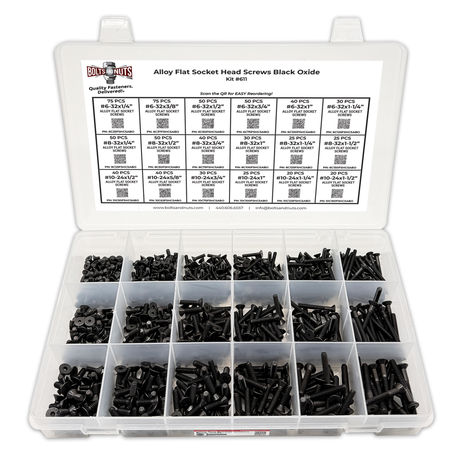 Assortment Kit #611 (716Pcs.) Small Alloy Flat Socket Head Cap Screws Black Oxide #6 #8 #10