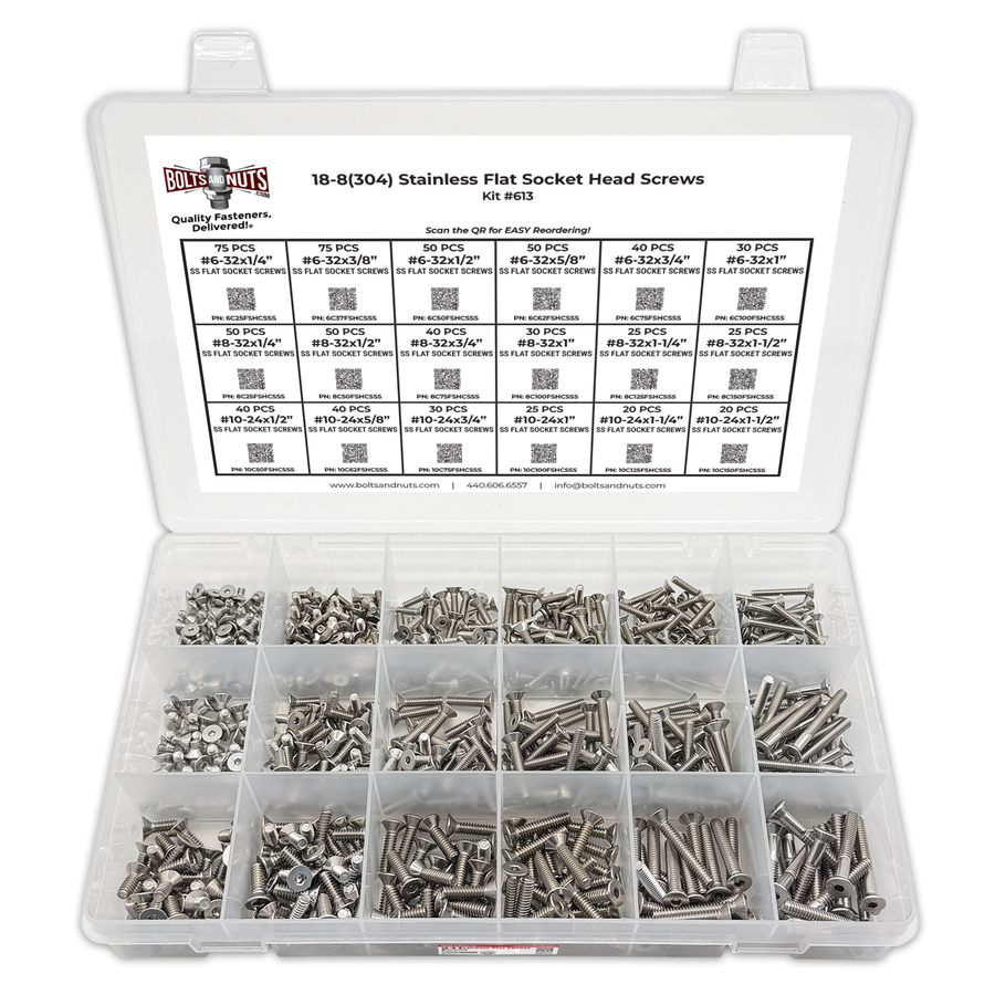 Assortment Kit #613 (716Pcs.) Small Inch 18-8 Stainless Steel Flat Socket Cap Screws #6 #8 #10