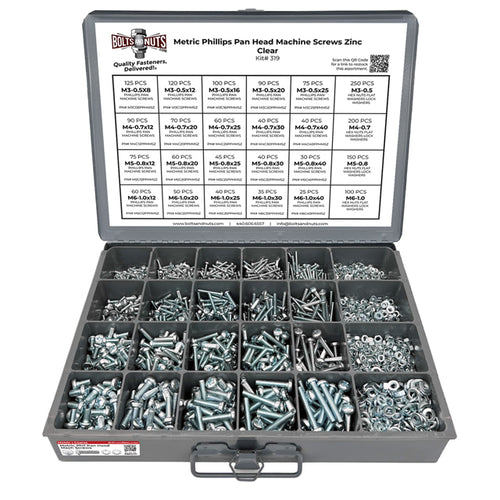 Metric Phillips Pan Head Machine Screws, Nuts, Flat & Lock Washers Zinc - 3371 PCS