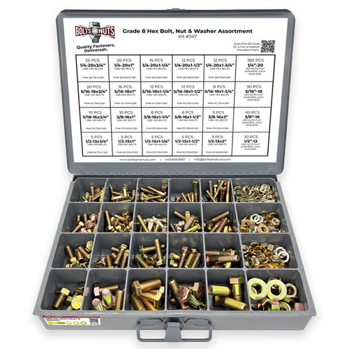 Inch Grade 8 Hex Cap Screws, Hex Nuts, Flat & Lock Washers 1/4", 5/16" 3/8", & 1/2" - 575 PCS