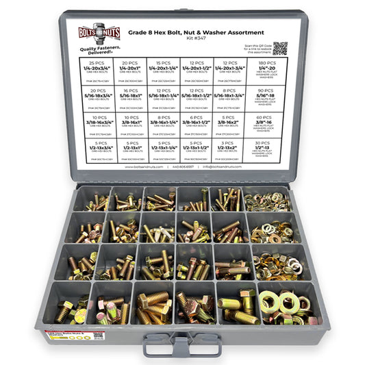 Inch Grade 8 Hex Cap Screws, Hex Nuts, Flat & Lock Washers 1/4", 5/16" 3/8", & 1/2" - 575 PCS