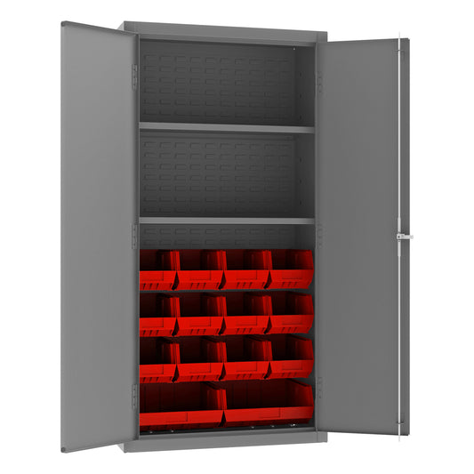 Cabinet, 2 Shelves, 14 Red Bins