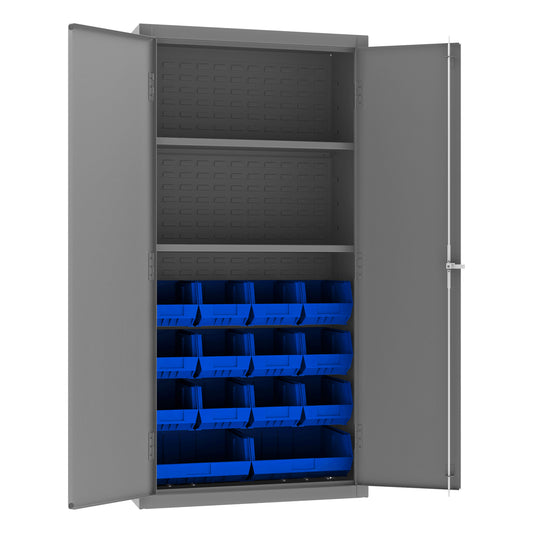 Cabinet, 2 Shelves, 14 Blue Bins