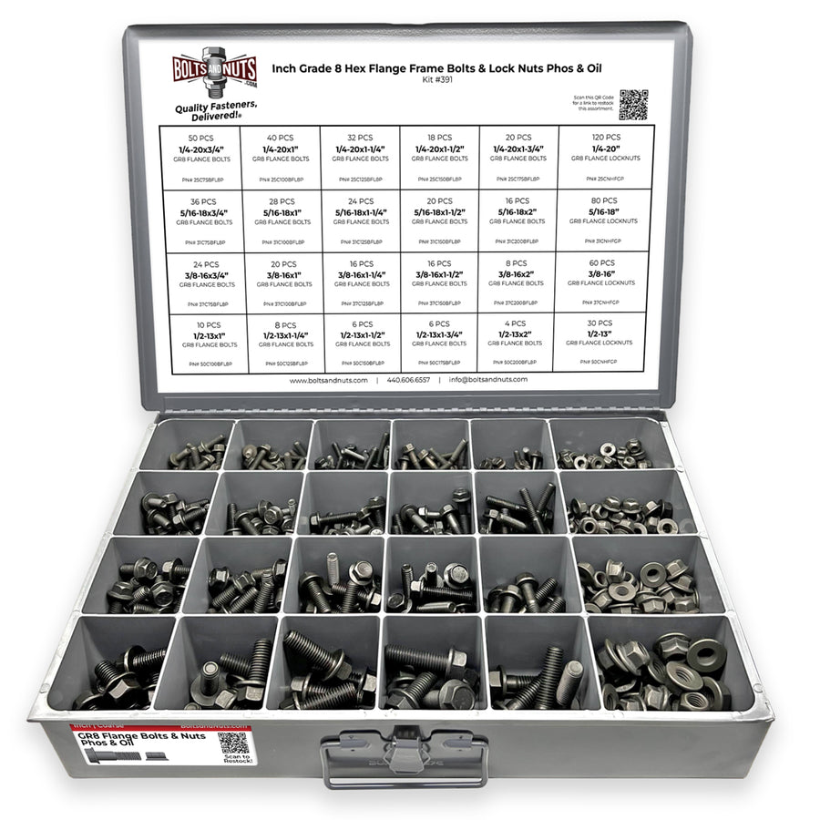 Inch Grade 8 Hex Flange Frame Bolts & Lock Nuts Phos & Oil Assortment - 693 PCS