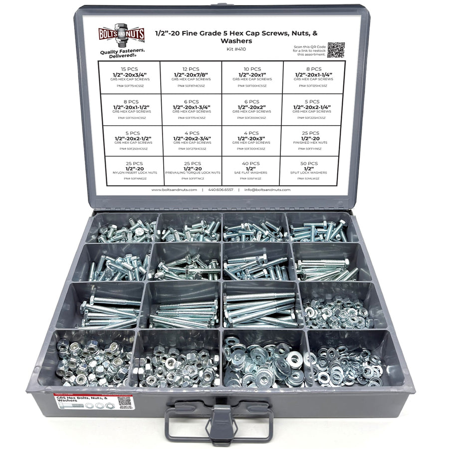 1/2"-20 Fine Grade 5 Hex Cap Screws, Nuts, & Washers - 249 PCS