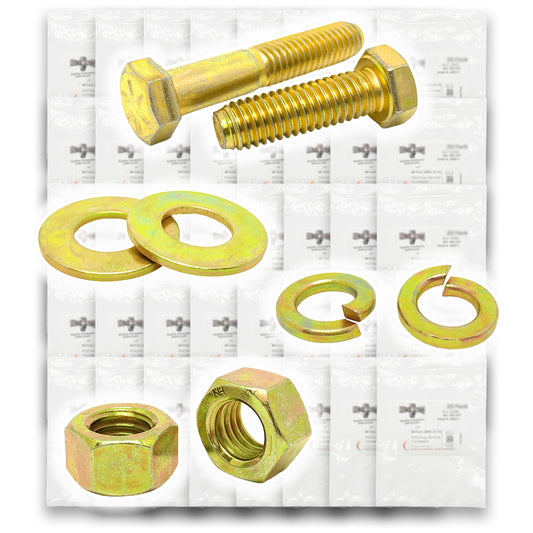 Inch Grade 8 Hex Cap Screws, Hex Nuts, Flat & Lock Washers Fine Thread Zinc Yellow 1/4", 5/16" 3/8", & 1/2" - 574 PCS