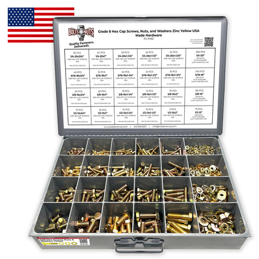 Inch Grade 8 Hex Cap Screws, Nuts, and Washers Zinc Yellow USA Made Hardware - 1269 PCS