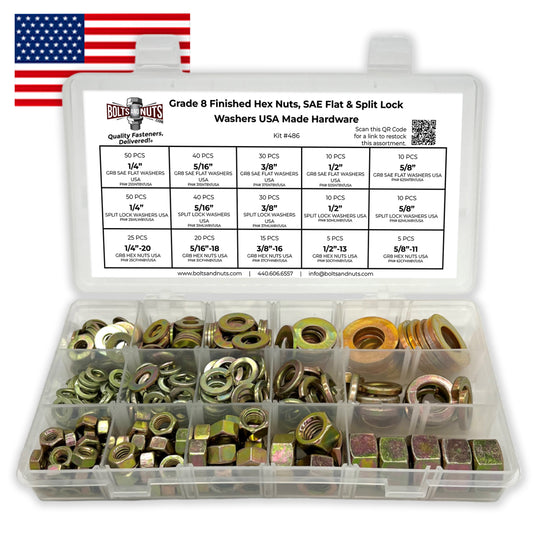 Inch Grade 8 Finished Hex Nuts, SAE Flat & Split Lock Washers USA Made Hardware Assortment - 351 Pcs