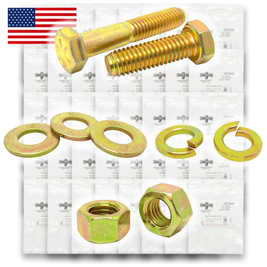 Inch Grade 8 Hex Cap Screws, Hex Nuts, Flat & Lock Washers Fine Thread Zinc Yellow USA Made Hardware - 1268 PCS