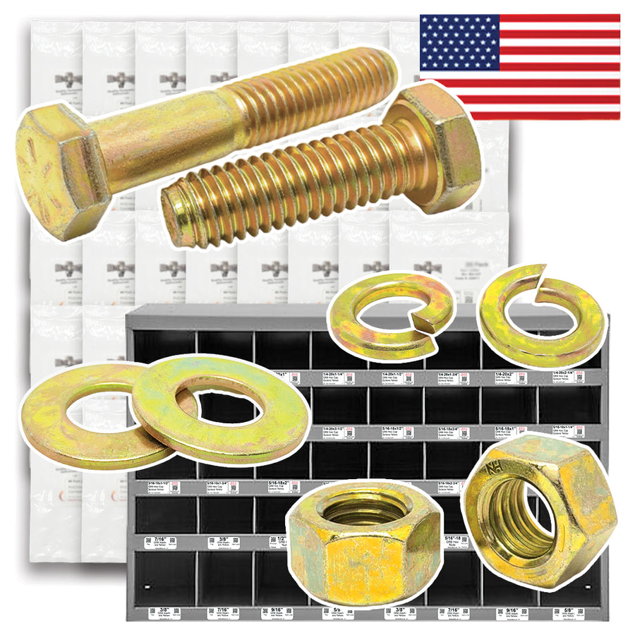 Inch Grade 8 Fine Hex Cap Screws, Hex Nuts, Flat & Lock Washers Zinc Yellow USA Made Hardware - 2012 PCS