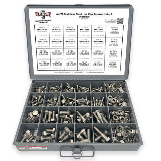 Metric A4 Stainless Steel Hex Cap Screws, Hex Nuts, Flat & Lock Washers - 575 PCS