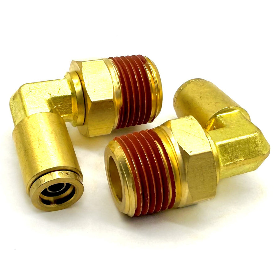 3/8" Tube to 3/8" NPT 90 Degree Elbow Male Pipe Connector, Brass D.O.T. Push to Connect Air Brake Fitting with Red Acrylic Thread Sealant