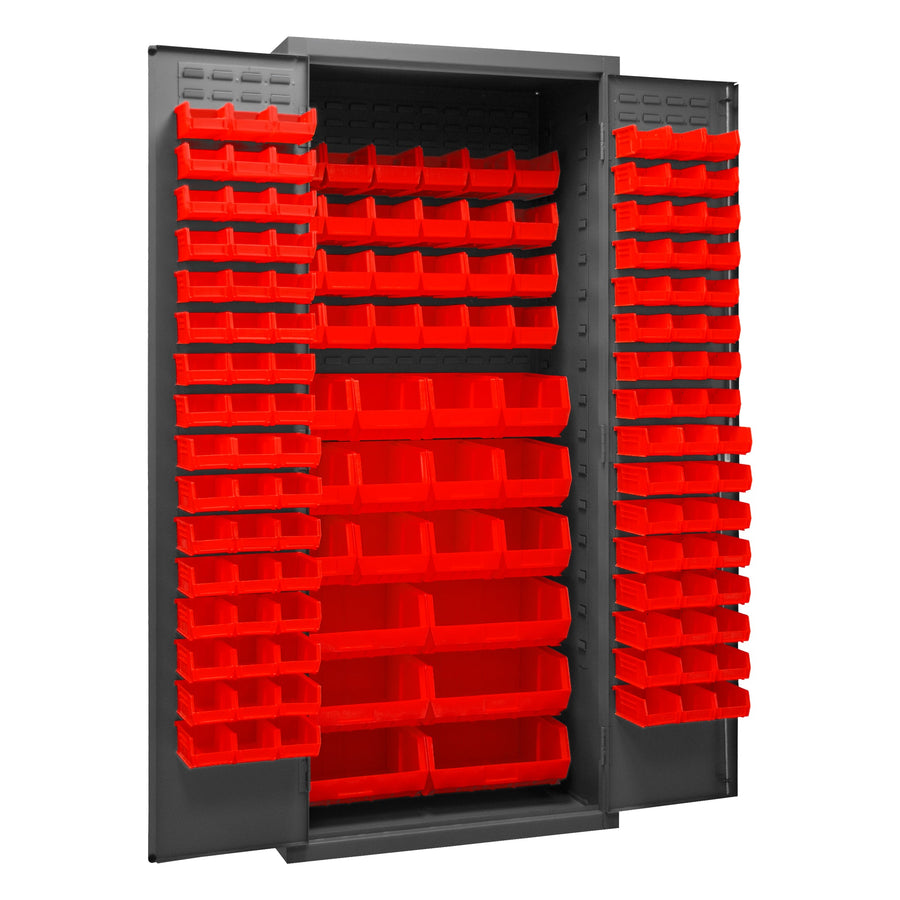 Metal Locking Storage Cabinet with 138 Red Hook-On-Bins