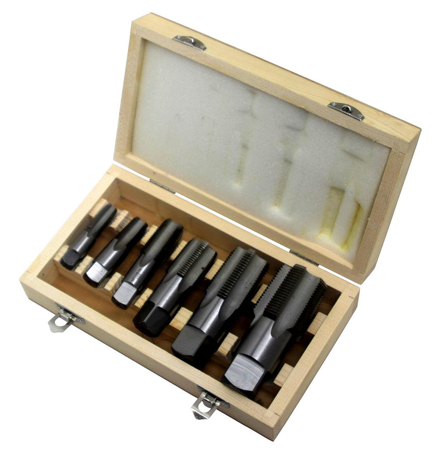 6 Piece Carbon Steel NPT Pipe Tap Set (1/8" 1/4" 3/8" 1/2" 3/4" and 1" in Wooden Case)