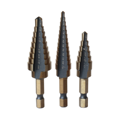 3 Piece HSS Black & Gold Quick Change Hex Shank Step Drill Bit Set (Sizes #1 to #3)
