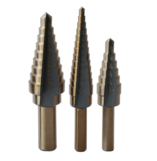 3 Piece HSS Black & Gold Step Drill Bit Set (Sizes #1 to #3)