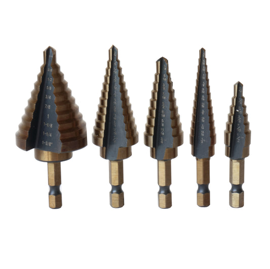 5 Piece HSS Black & Gold Quick Change Hex Shank Step Drill Bit Set (Sizes #1 to #5