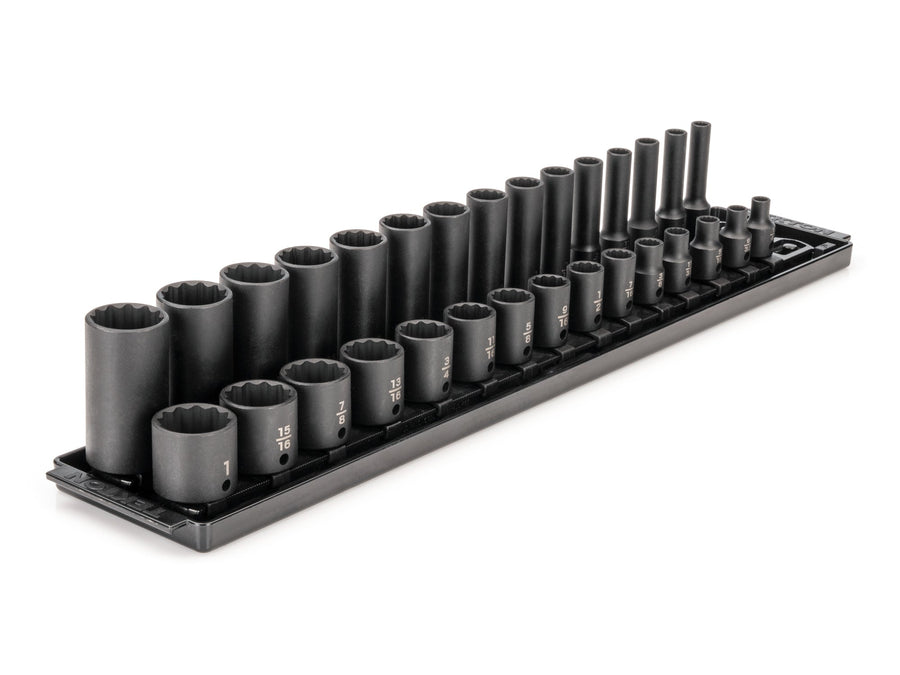3/8 Inch Drive Shallow and Deep 12-Point Impact Socket Set with Rails and Tray, 30-Piece (1/4 - 1 in.)