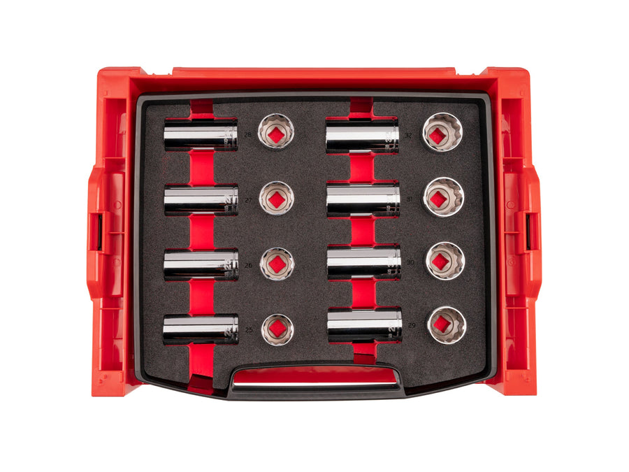 1/2 Inch Drive Shallow and Deep 12-Point Socket Set with Open Top Drawer and Rack, 16-Piece (25 - 32 mm)