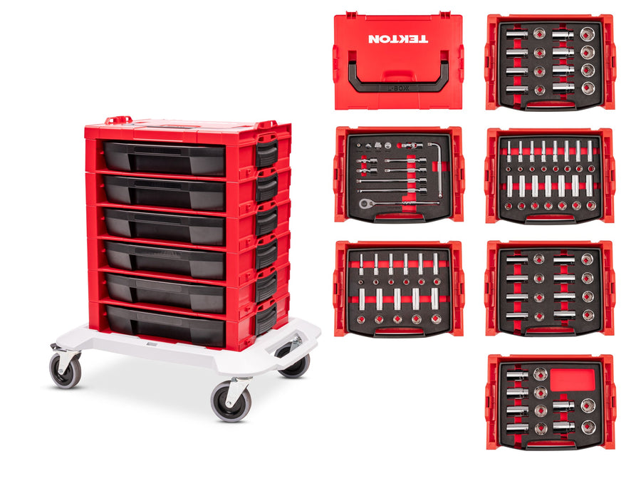 1/2 Inch Drive Shallow and Deep 6-Point Socket and Ratchet Set in Modular Stacking Tool Cart, 109-Piece (3/8 - 1-1/2 in., 10 - 38 mm)