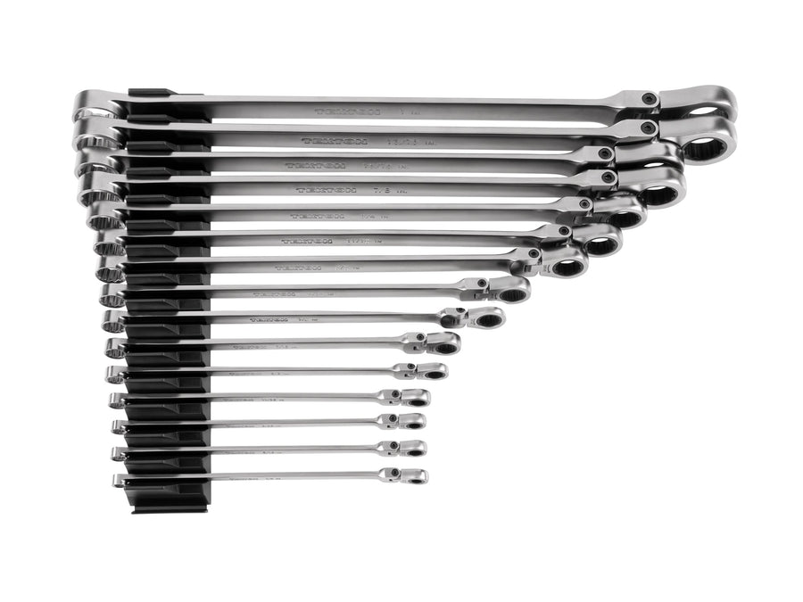 Long Fixed/Flex Head 12-Point Ratcheting Box End Wrench Set with Modular Organizers, 15-Piece (1/4-1 in.)