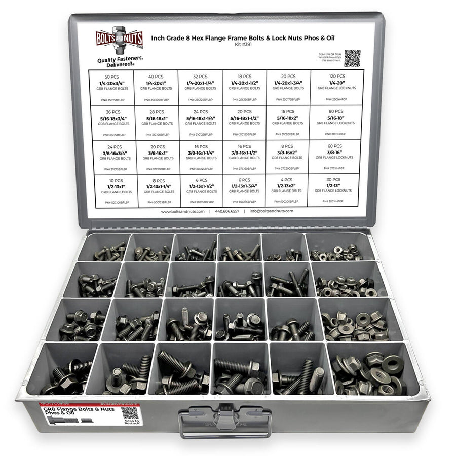 Inch Grade 8 Hex Flange Frame Bolts & Lock Nuts Phos & Oil Assortment - 693 PCS