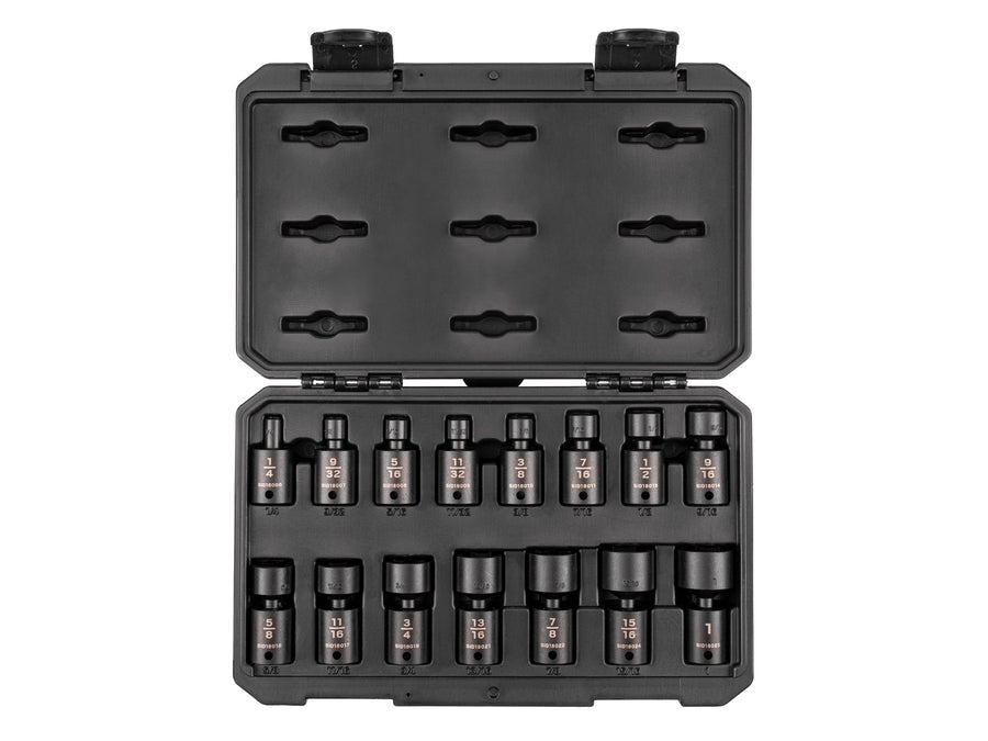 3/8 Inch Drive Shallow 6-Point Universal Joint Impact Socket Set with Case, 15-Piece (1/4 - 1 in.)