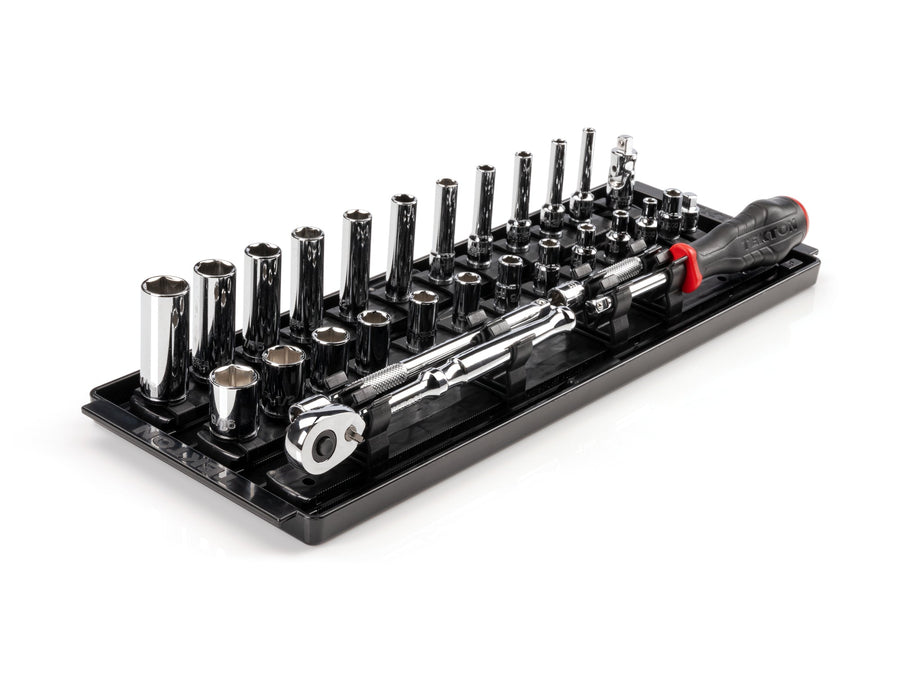 1/4 Inch Drive Shallow and Deep 6-Point Socket and Ratchet Set with Rails and Tray, 29-Piece (5/32 - 9/16 in.)