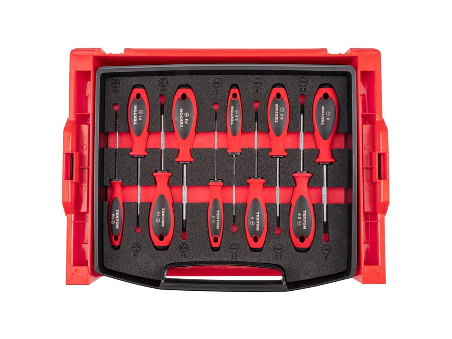 Phillips and Slotted Screwdriver Set with Open Top Drawer and Rack - 4 Inch Shanks, 10-Piece (#0 - #3, 3 - 8 mm)