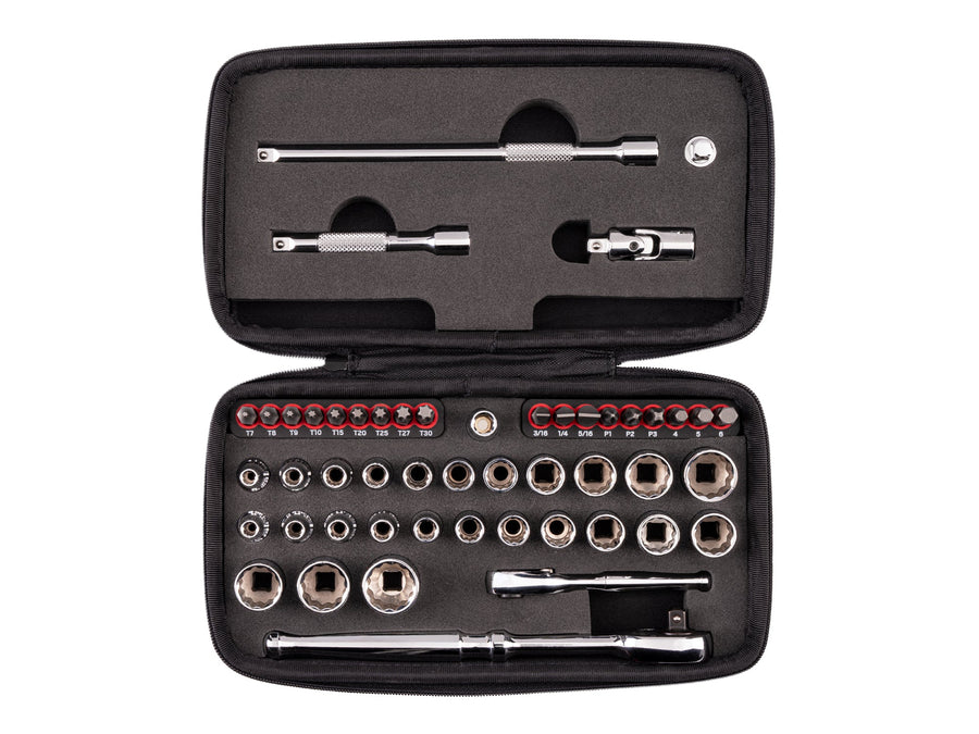 1/4 Inch Drive 12-Point Small Engine Shallow Socket, Bit, and Quick Release Ratchet Set with Case (50-Piece)