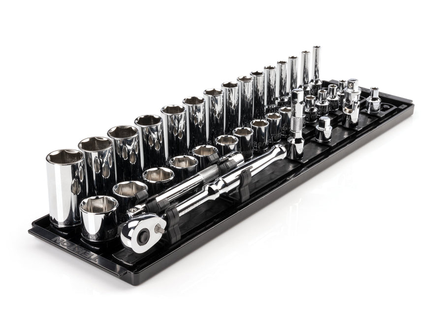 3/8 Inch Drive Shallow and Deep 6-Point Socket and Ratchet Set with Rails and Tray, 36-Piece (1/4 - 1 in.)