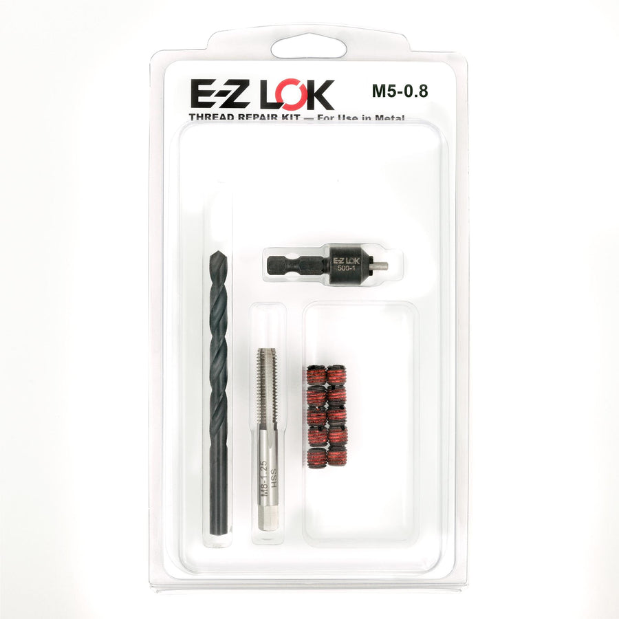 M5-0.8 x M8-1.25 Carbon Steel Solid Wall Threaded Insert W/Red Loctite Standard Repair Kit with Inserts, Drill Bit, Tap, and Install Tool