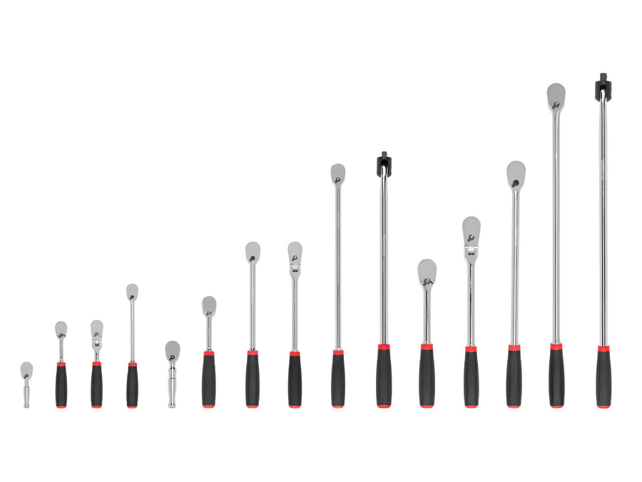 1/4, 3/8, 1/2 Inch Drive Non-Quick-Release Comfort Grip Ratchet and Breaker Bar Set (15-Piece)
