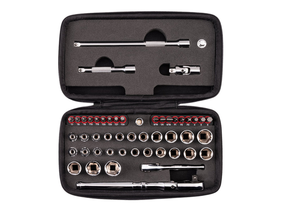1/4 Inch Drive 6-Point Small Engine Shallow Socket, Bit, and Flex Head Quick-Release Ratchet Set with Case (50-Piece)