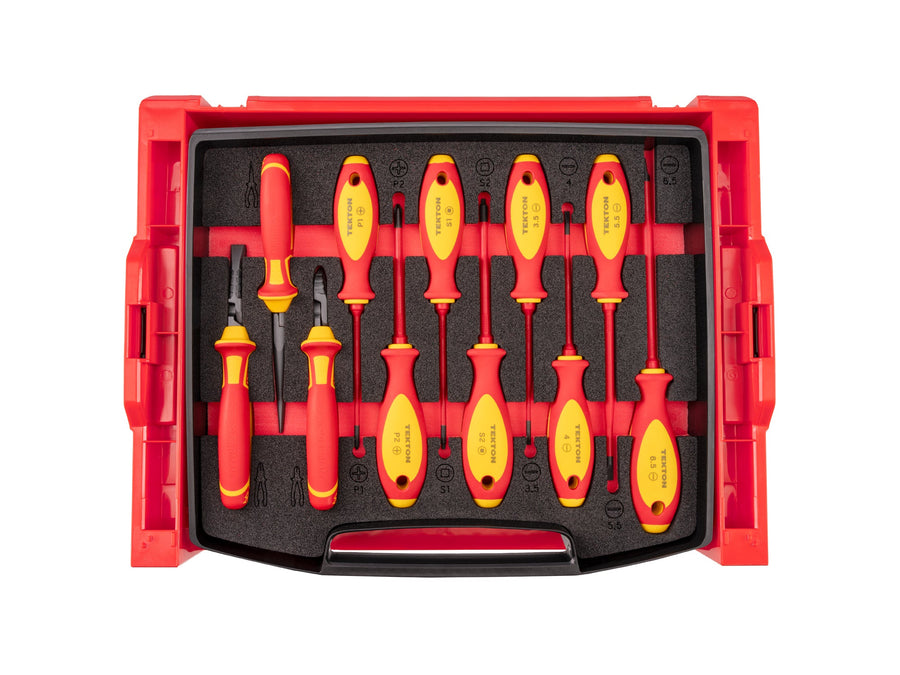 Insulated Phillips, Slotted, Square Drivers and Pliers Set with Open Top Drawer and Rack, 11-Piece (Combination, Long Nose, Diagonal Cutting)